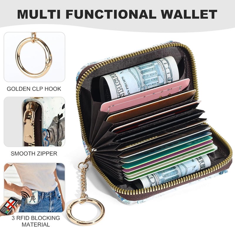 Luoycxy Credit Card Holder for Women,Small Rfid Wallet with Keychain Zipper,Cute PU Leather Card Case Wallet，Accordion Credit Card Wallets Gift,Diving Cat - Image 2